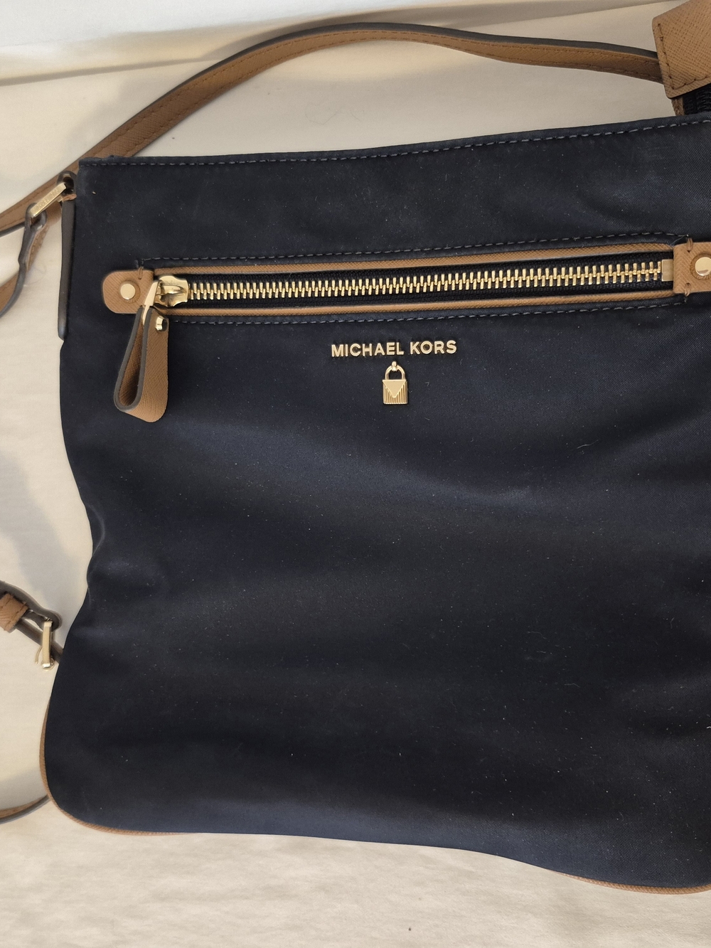 Michael Kors Nylon Kempton Pocket Navy and Tan Crossbody Bag